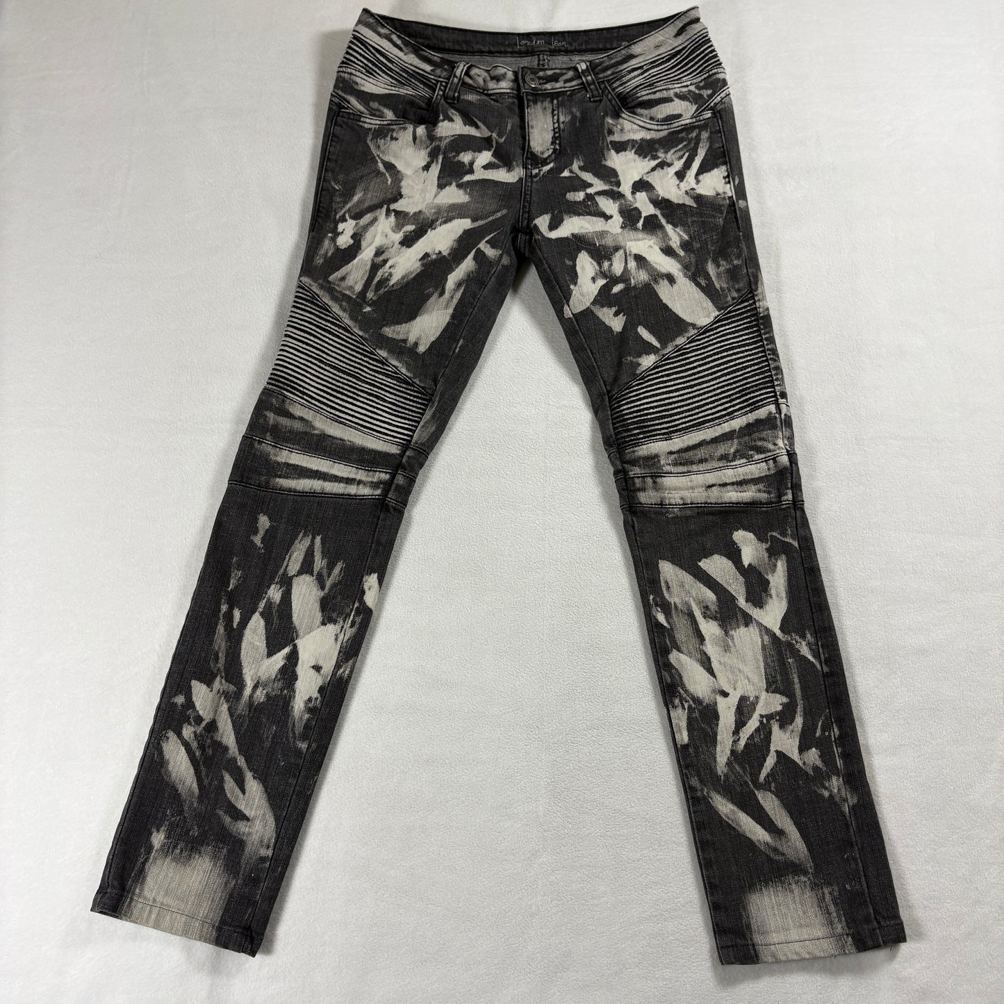 London Jean Womens 4 Moto Skinny Jeans Black White Abstract Biker Stretch