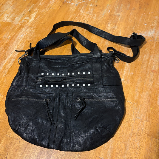 Black Faux Leather Studded Crossbody Tote Bag Large Multi Pocket Shoulder Purse