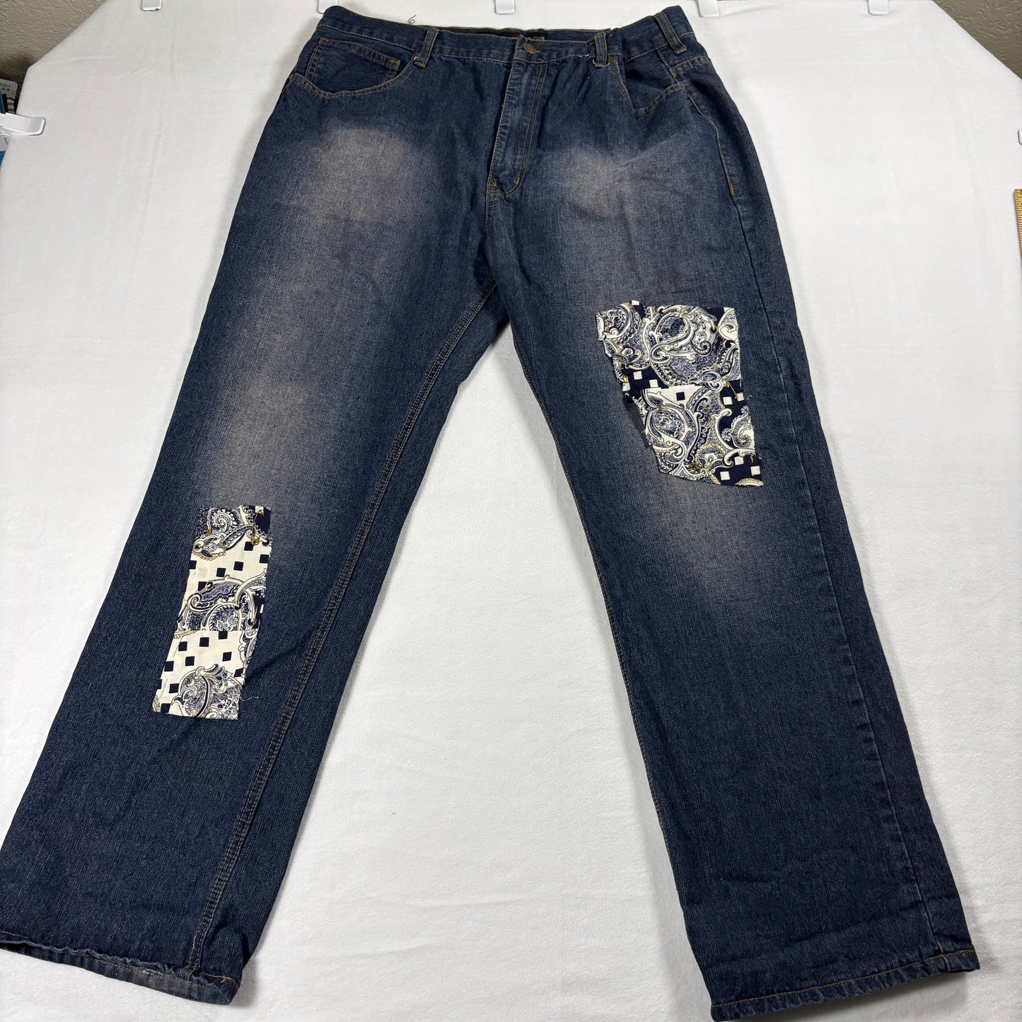 Beverly Hills Polo Club Jeans Mens 42x32 Blue Distressed Patch Denim Y2K Retro!!