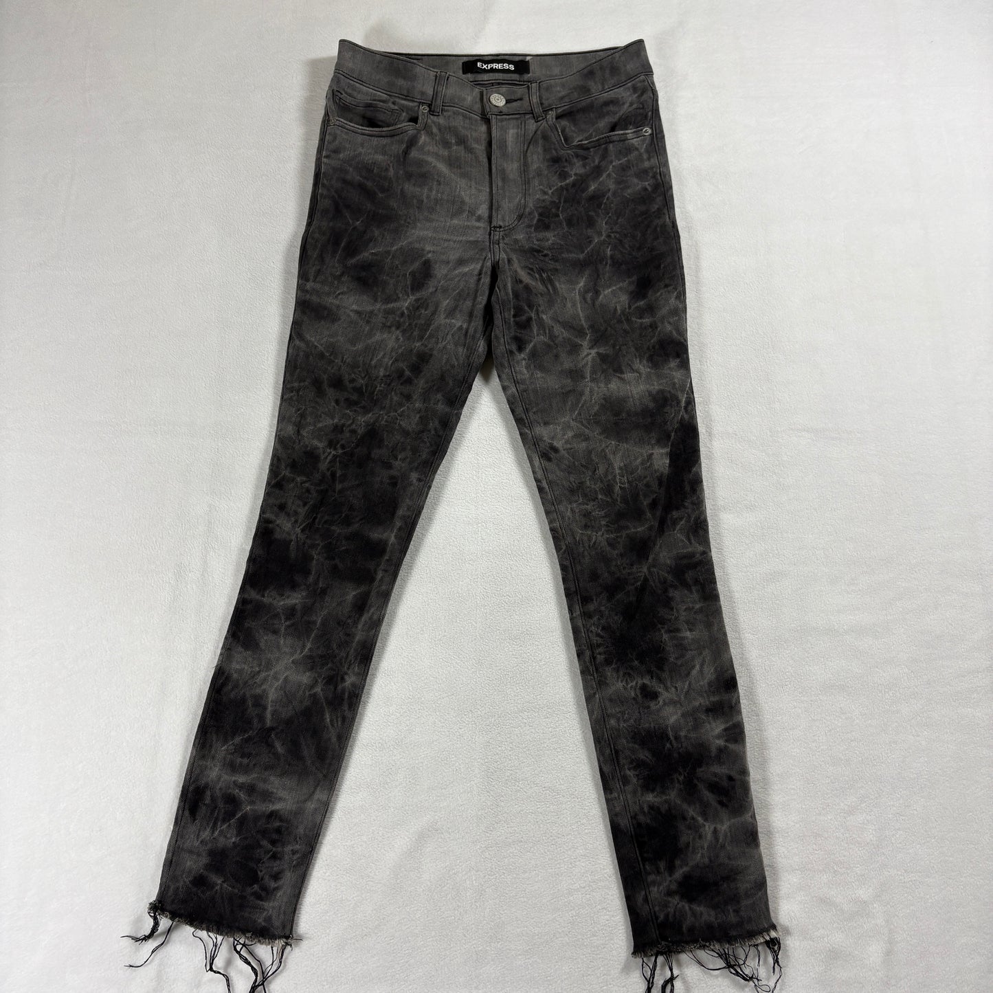 Express Womens 8R Mid Rise Skinny Gray Tie Dye Frayed Hem Jeans Stretch