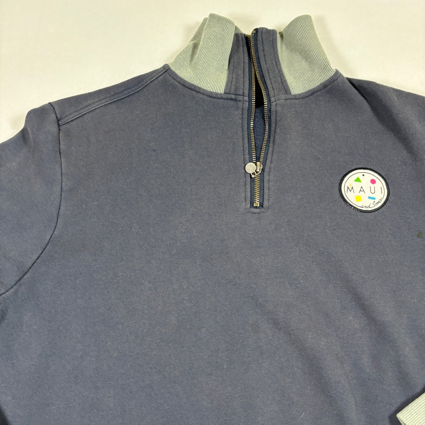 Maui and Sons Mens Half Zip Sweatshirt M Navy Gray Logo Pullover Casual 80s Surf