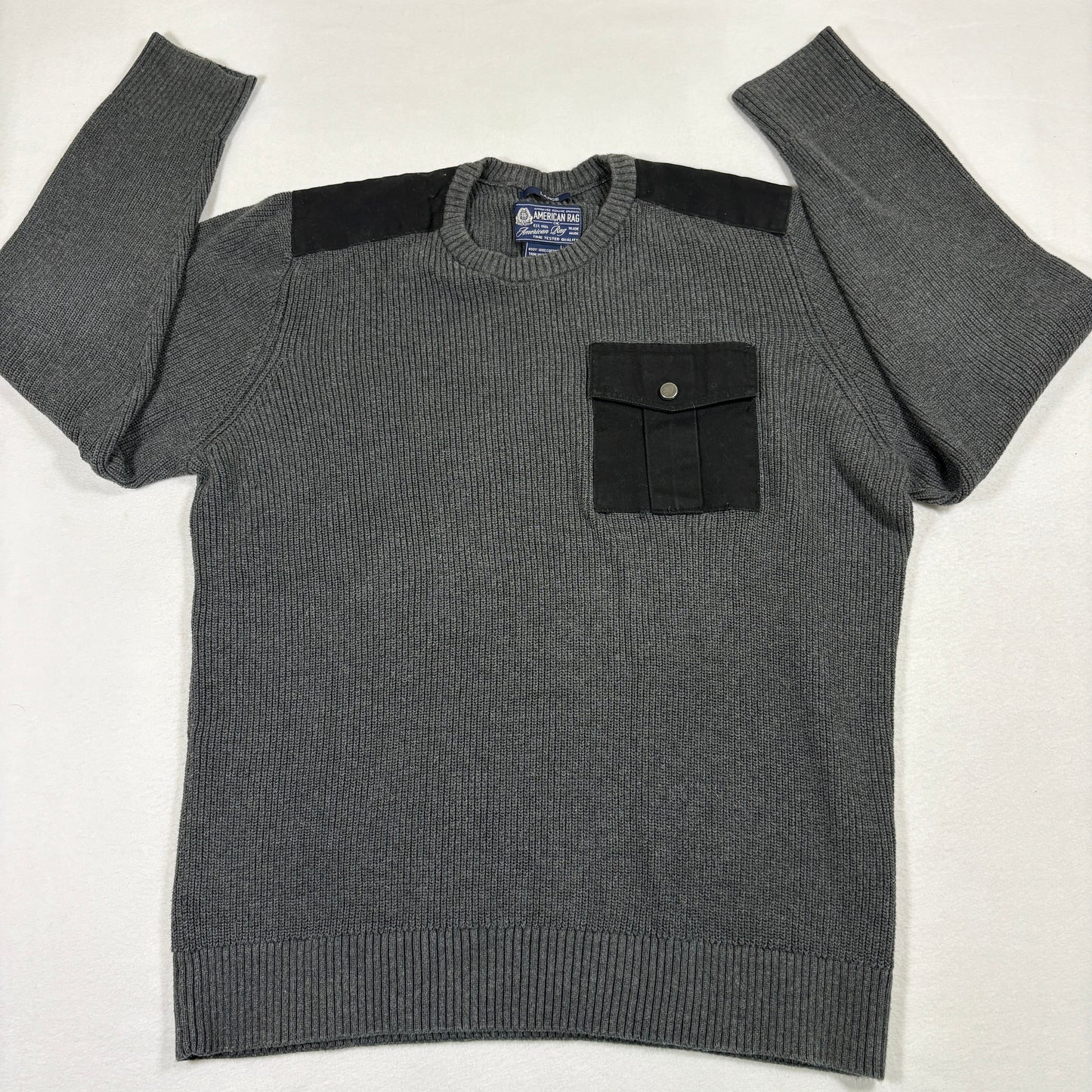 American Rag Mens Sweater Large Gray Knit Cotton Military Utility Pocket Y2K