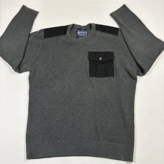 American Rag Mens Sweater Large Gray Knit Cotton Military Utility Pocket Y2K