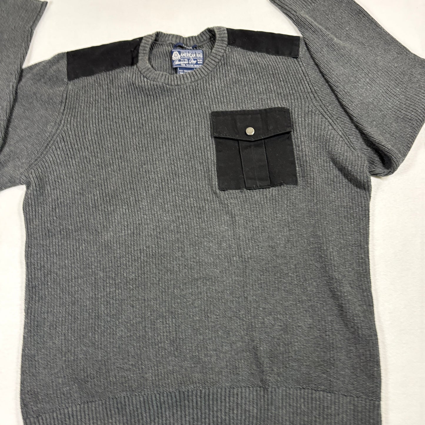 American Rag Mens Sweater Large Gray Knit Cotton Military Utility Pocket Y2K