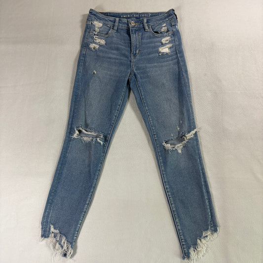 American Eagle Ripped Skinny Jeans Women 4 Fits Like 27x26 Blue Hi Rise Raw Hem