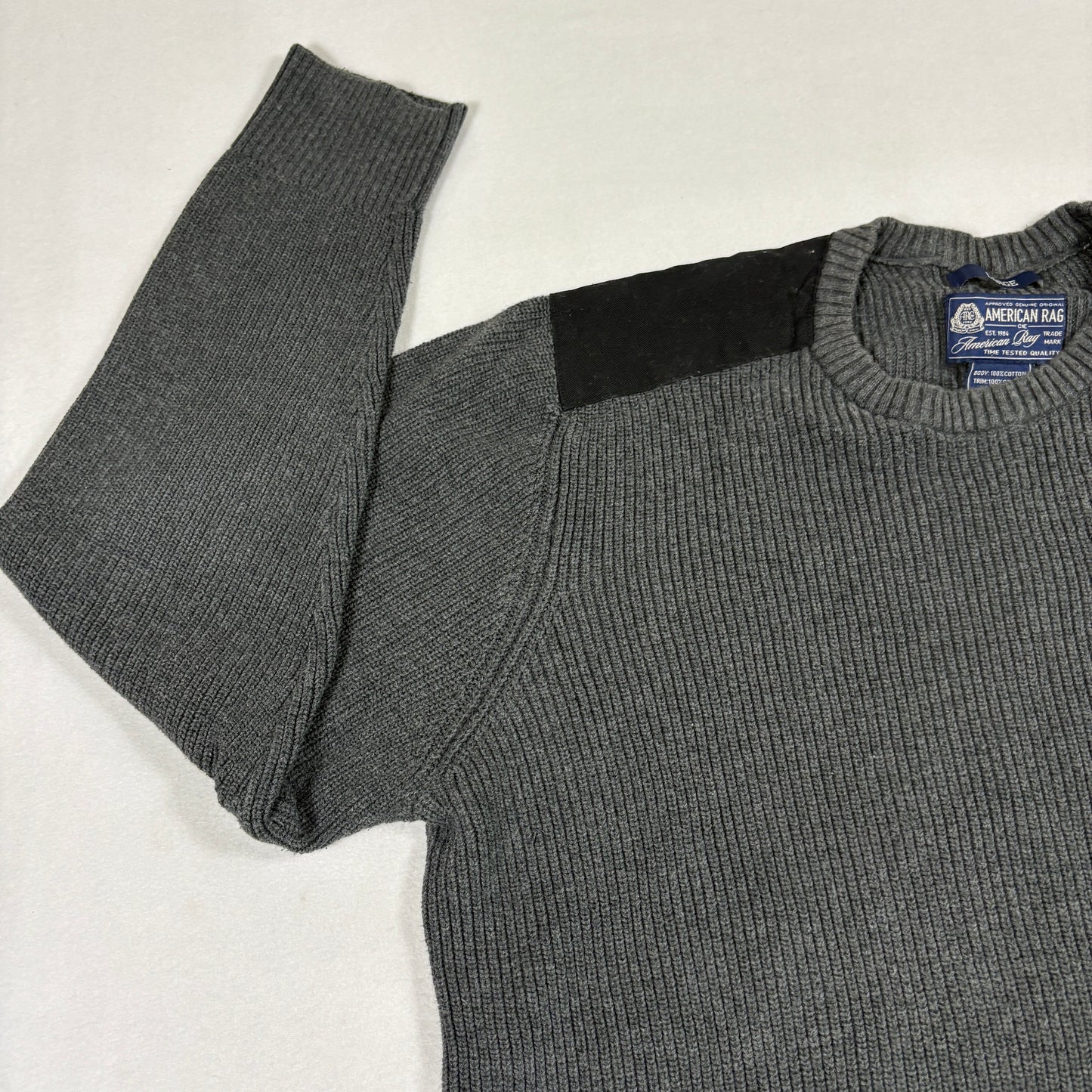 American Rag Mens Sweater Large Gray Knit Cotton Military Utility Pocket Y2K