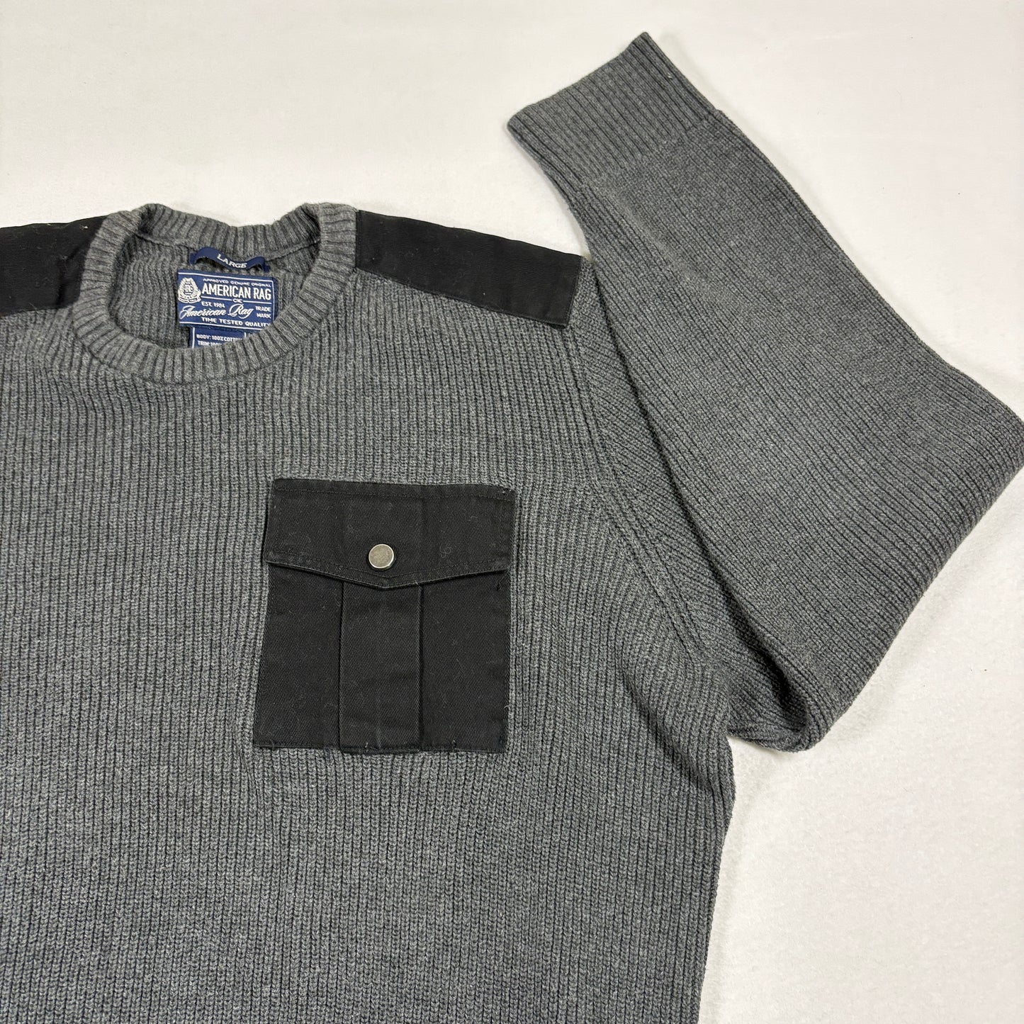 American Rag Mens Sweater Large Gray Knit Cotton Military Utility Pocket Y2K