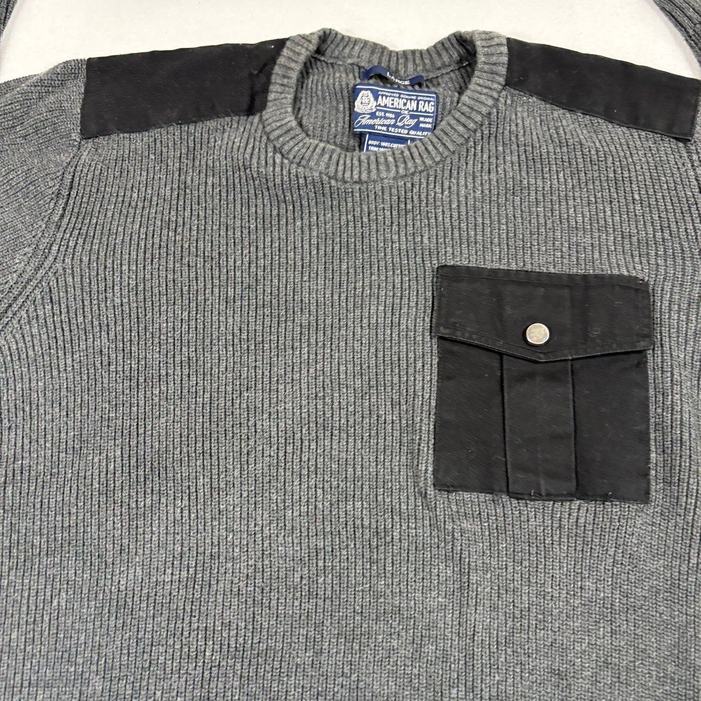 American Rag Mens Sweater Large Gray Knit Cotton Military Utility Pocket Y2K