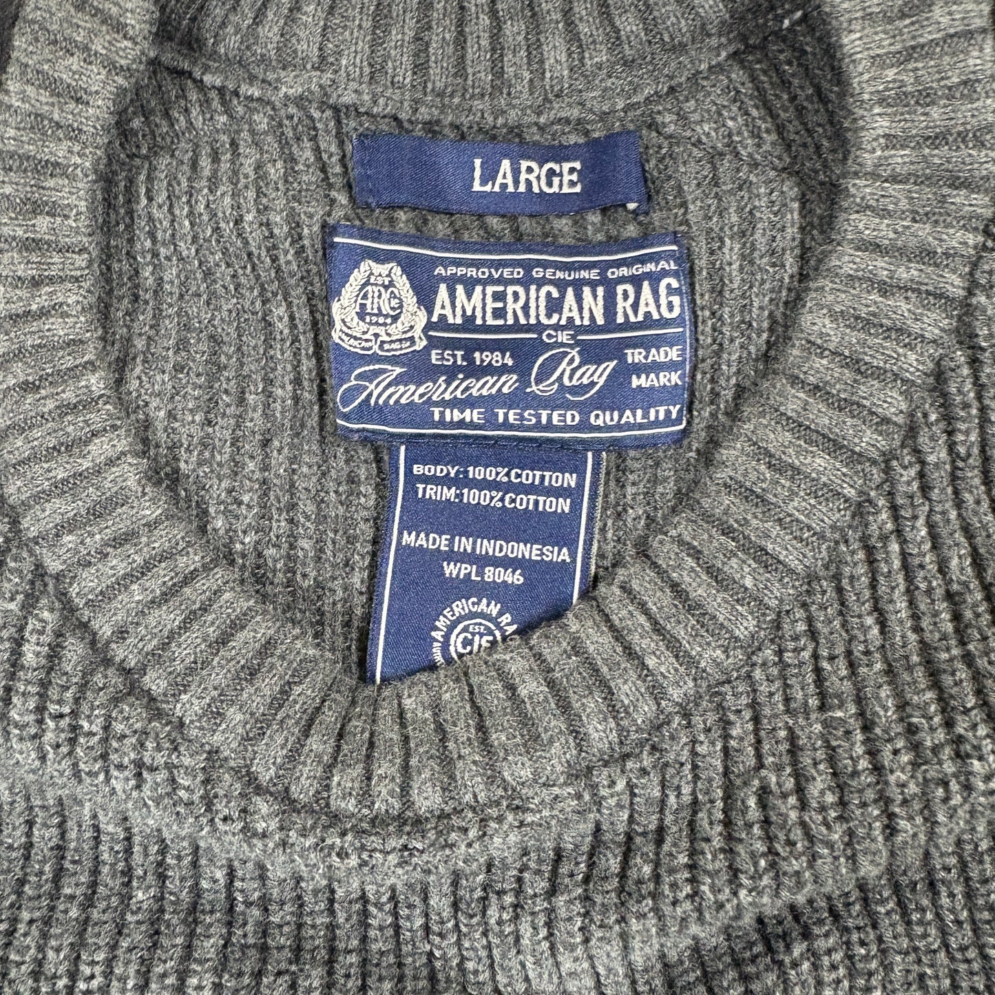 American Rag Mens Sweater Large Gray Knit Cotton Military Utility Pocket Y2K