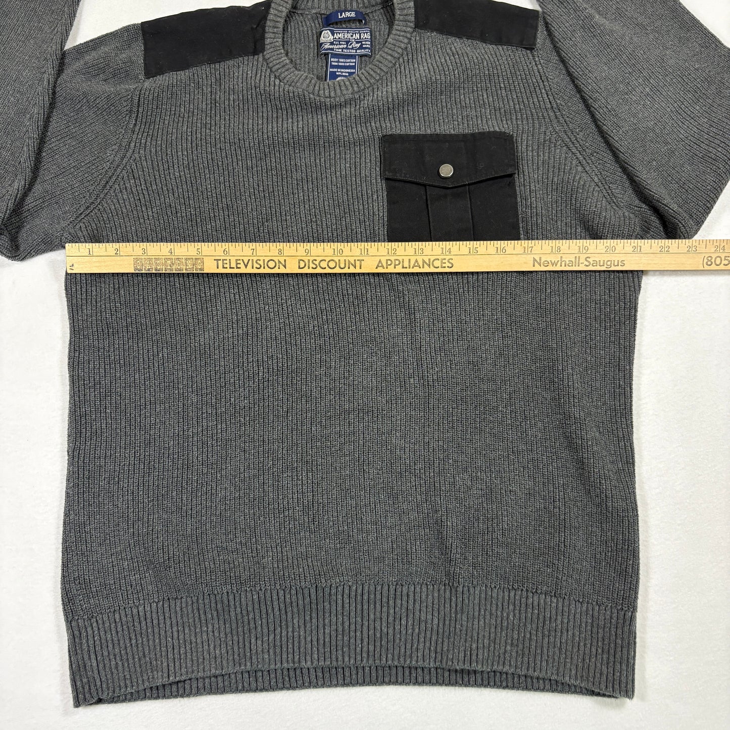 American Rag Mens Sweater Large Gray Knit Cotton Military Utility Pocket Y2K