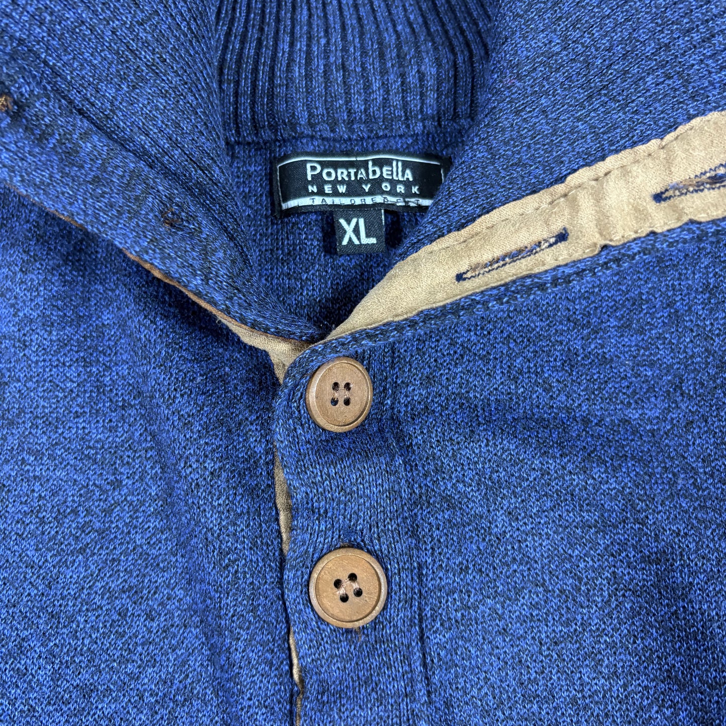 Portabella Mens Sweater XL Blue Knit Quarter Button Pullover Casual Vintage
