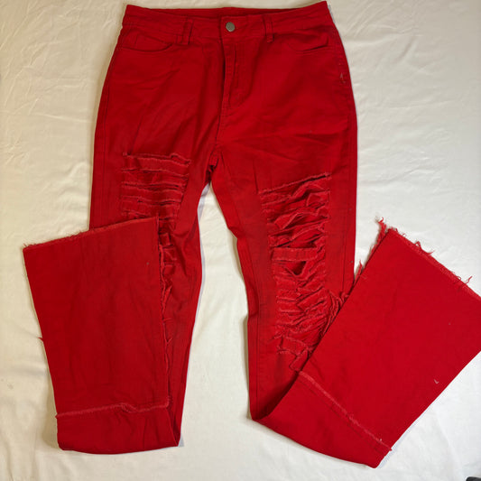 Women’s Red Distressed Ripped Jeans Size L Baggy Streetwear Frayed Hem Punk