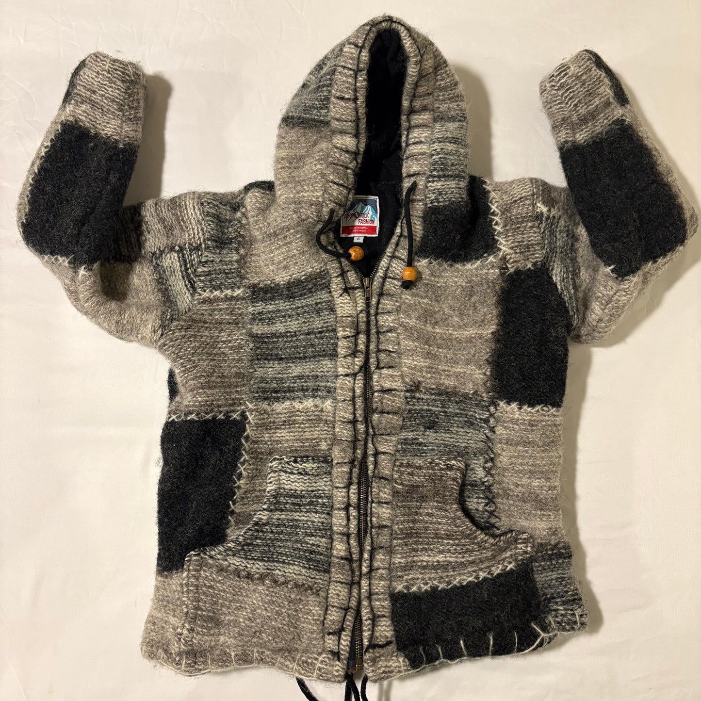Shopaholic Fashion Wool Hoodie Jacket Small Made in Nepal Patchwork Fleece Lined