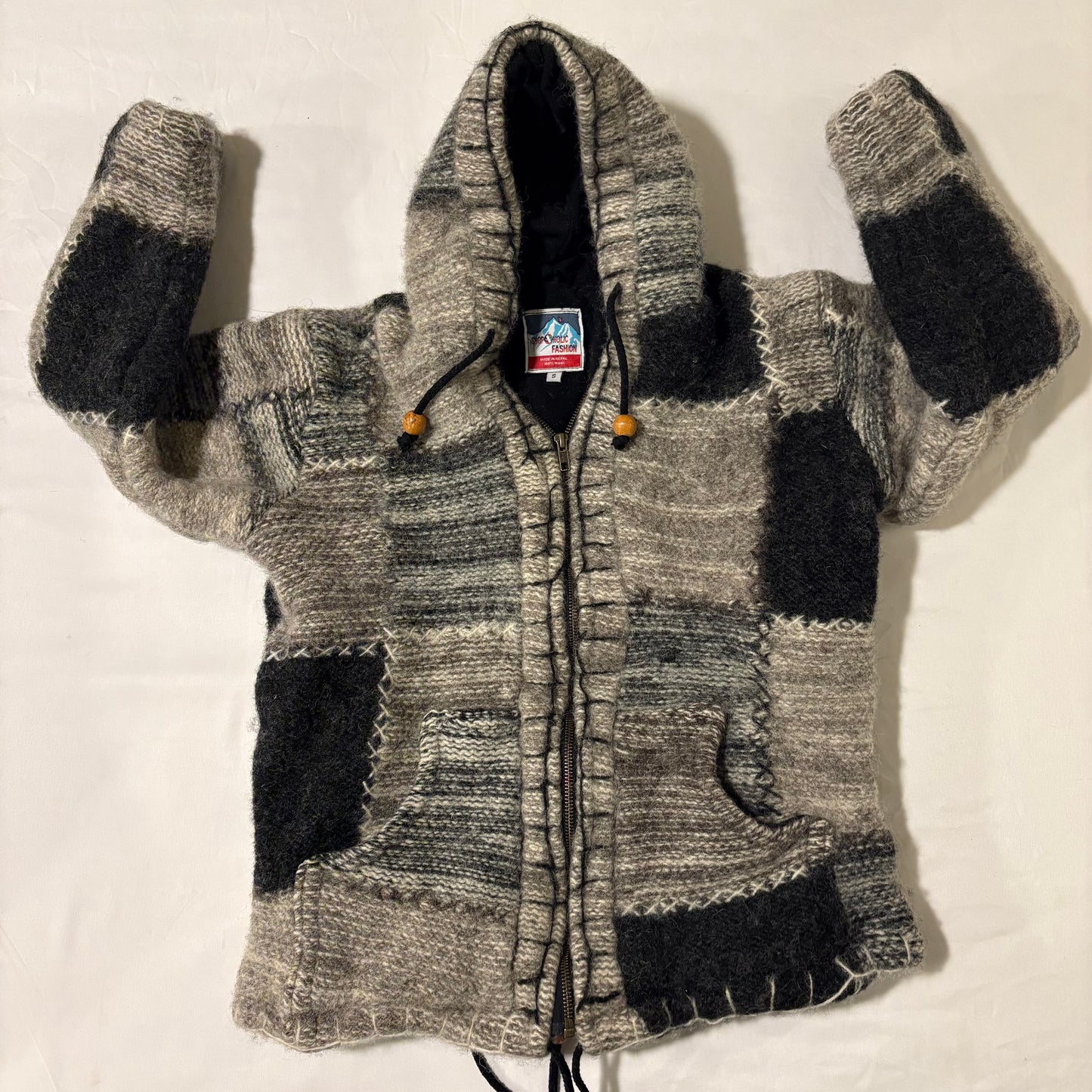 Shopaholic Fashion Wool Hoodie Jacket Small Made in Nepal Patchwork Fleece Lined