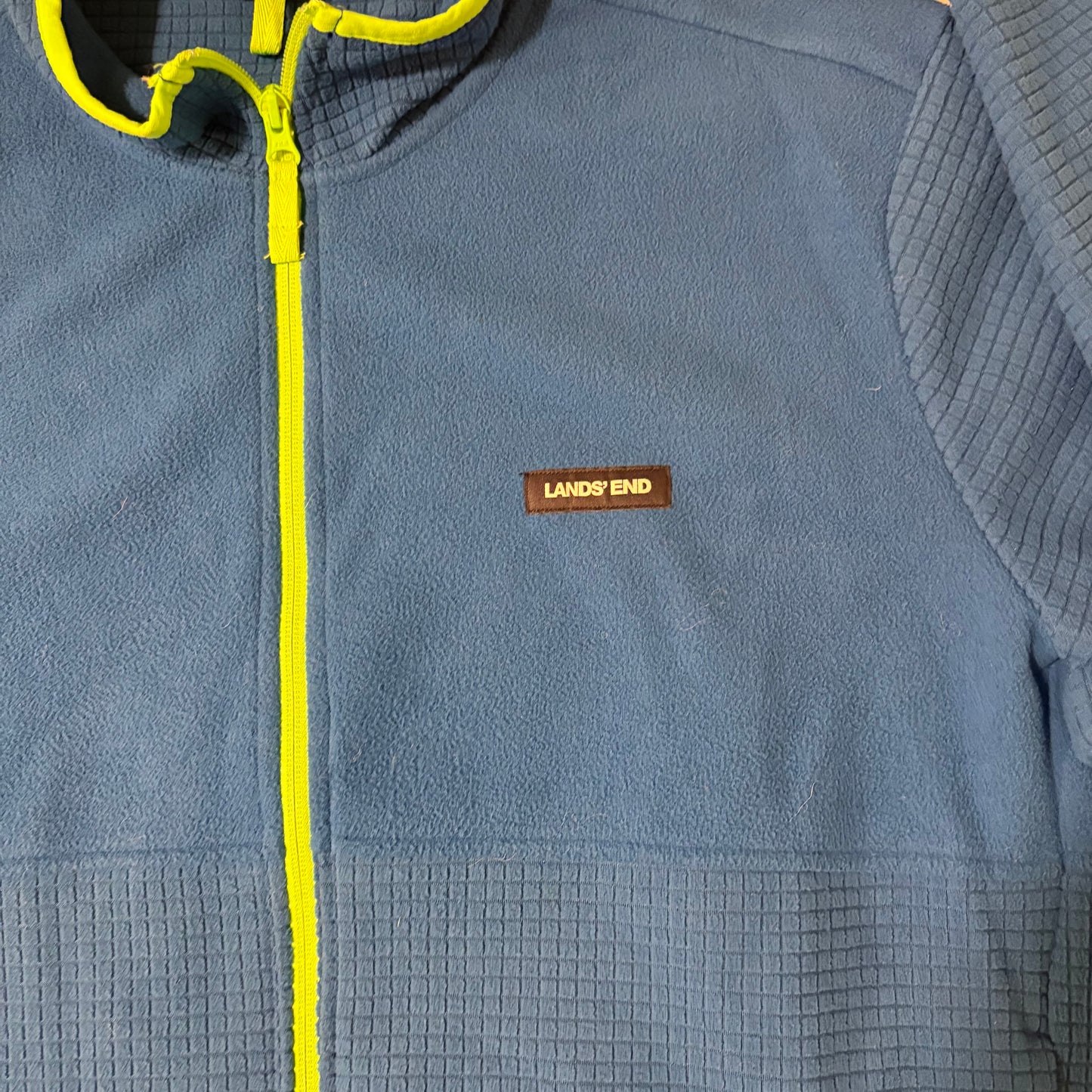 Lands’ End Grid Fleece Jacket XL Blue Full Zip Neon Trim Lightweight Layer