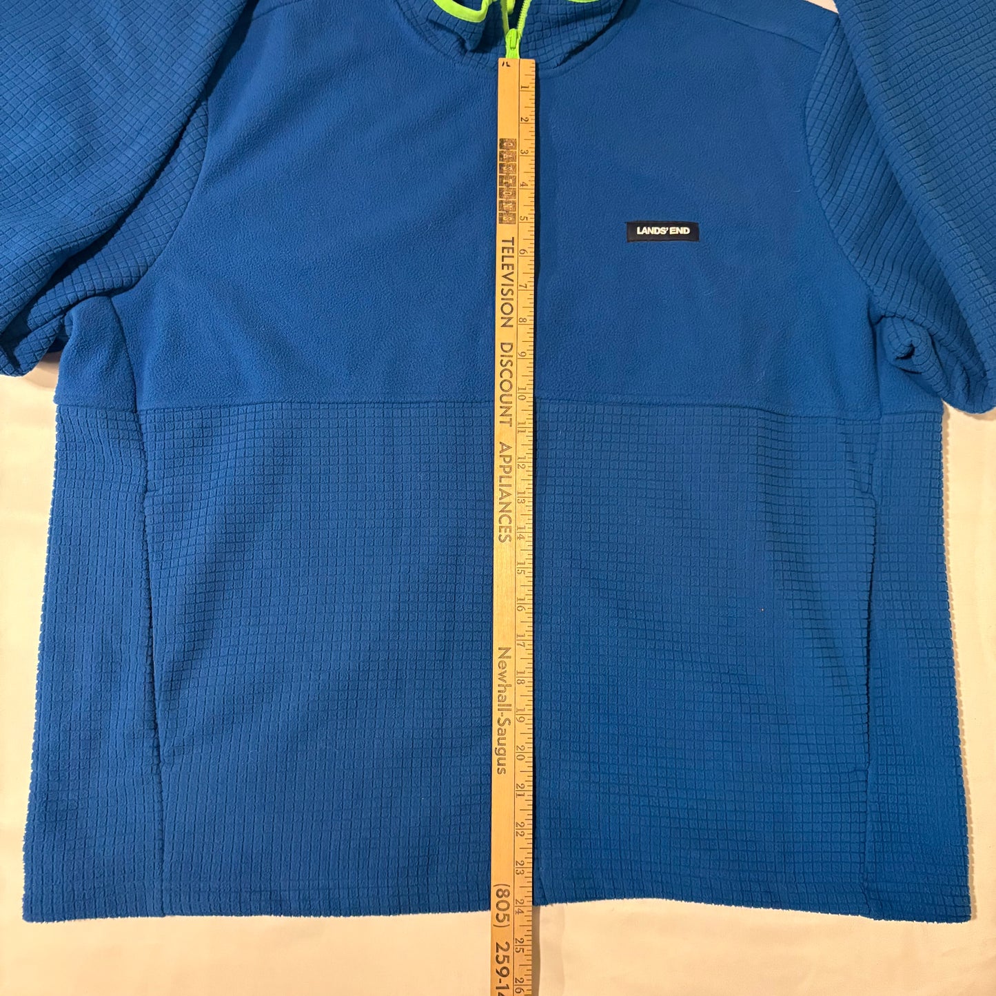 Lands’ End Grid Fleece Jacket XL Blue Full Zip Neon Trim Lightweight Layer