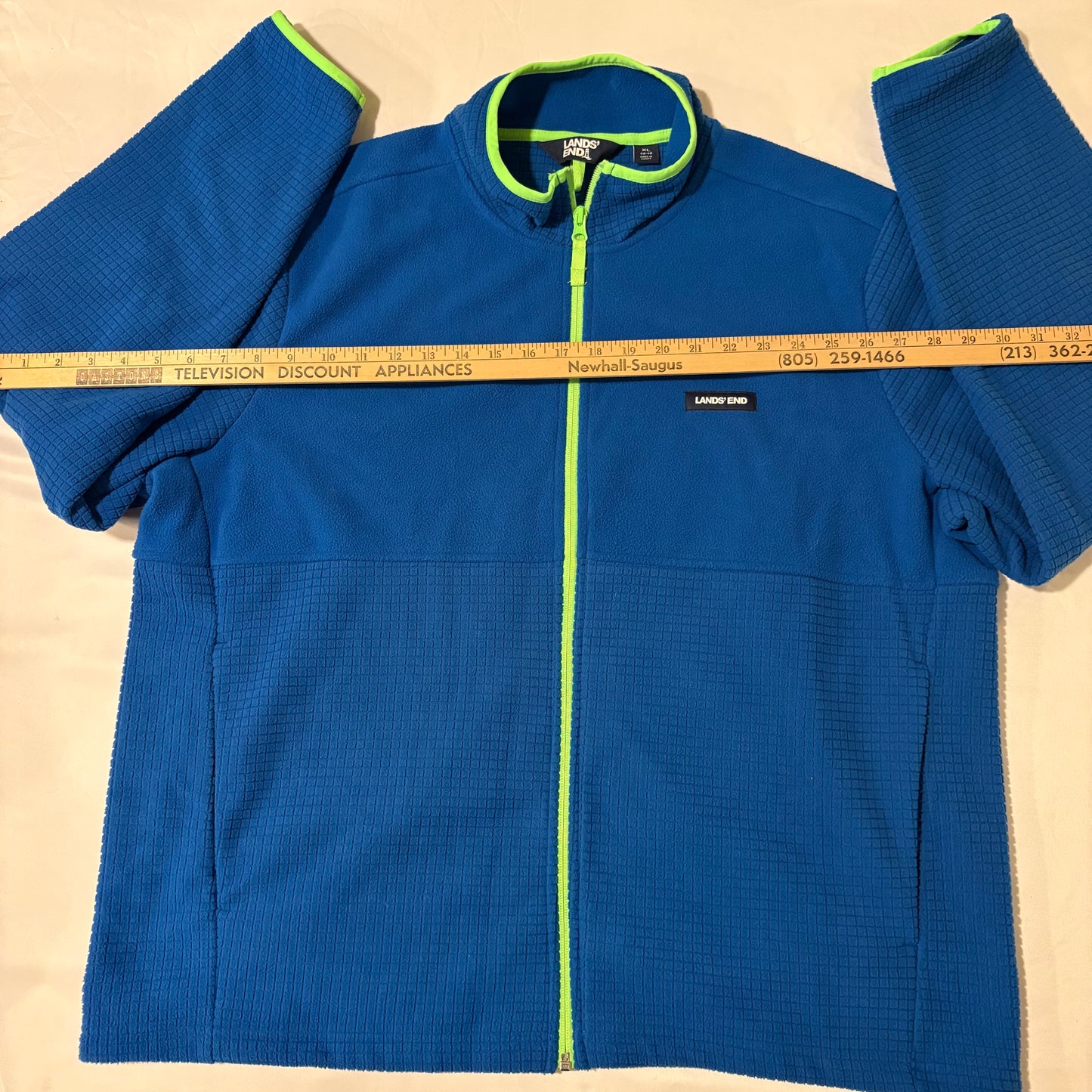 Lands’ End Grid Fleece Jacket XL Blue Full Zip Neon Trim Lightweight Layer