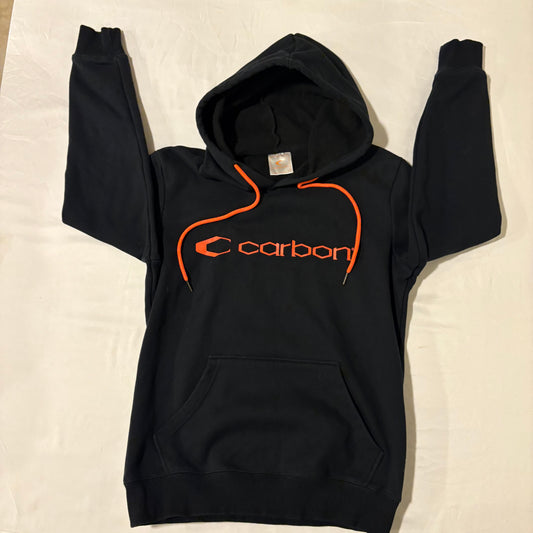 Carbon Hoodie Small Black Pullover Orange Logo Drawstring Kangaroo Pocket