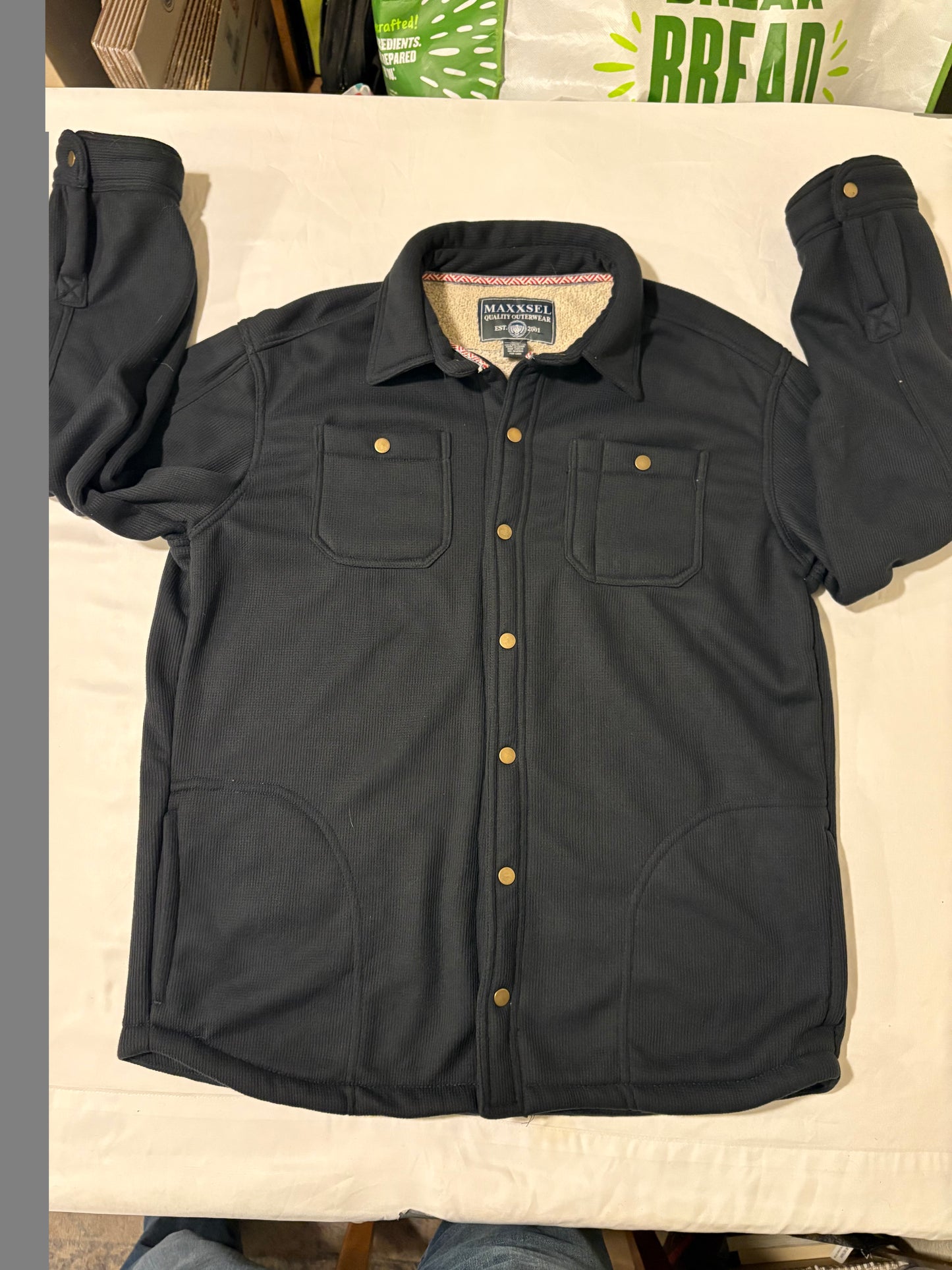 Maxxsel Outerwear Jacket 2XL Black Sherpa Lined Shirt Jacket Snap Front Flawed