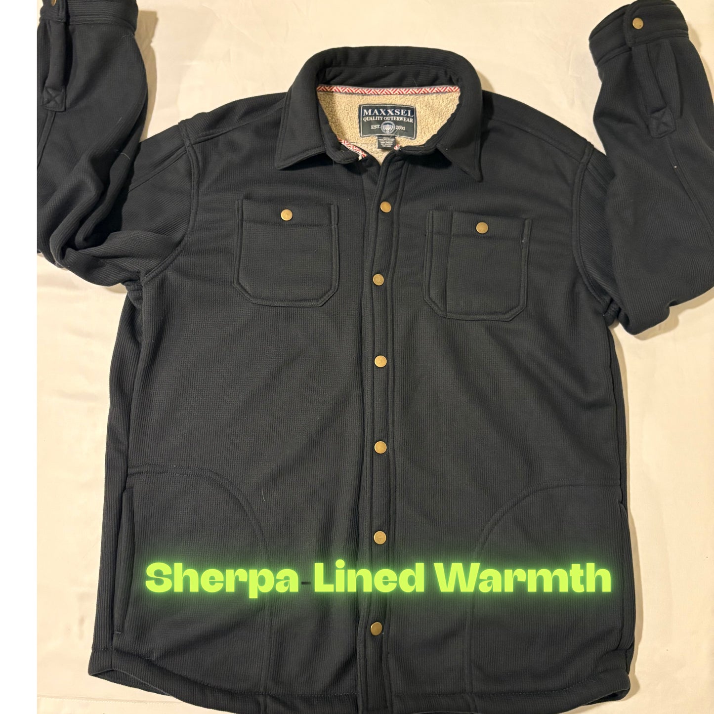 Maxxsel Outerwear Jacket 2XL Black Sherpa Lined Shirt Jacket Snap Front Flawed