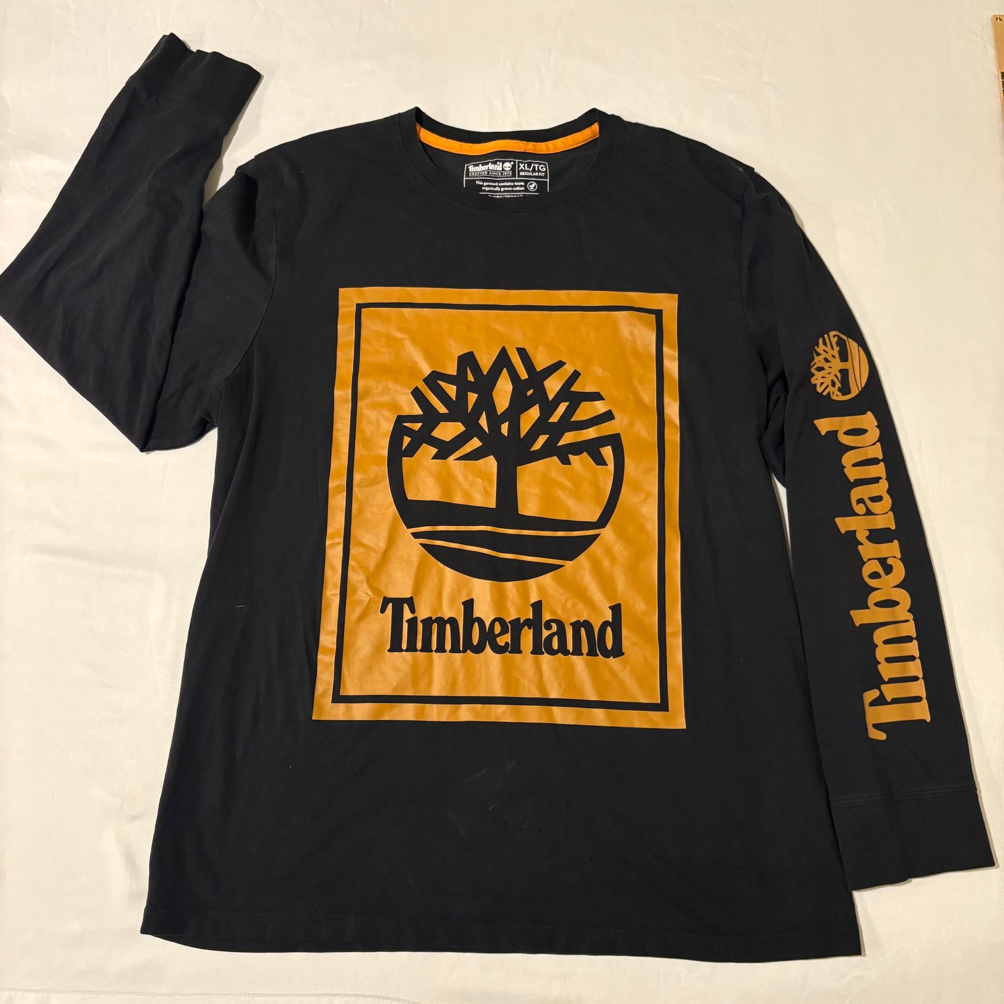 Timberland Long Sleeve Shirt XL Black Orange Logo Graphic Organic Cotton Tee