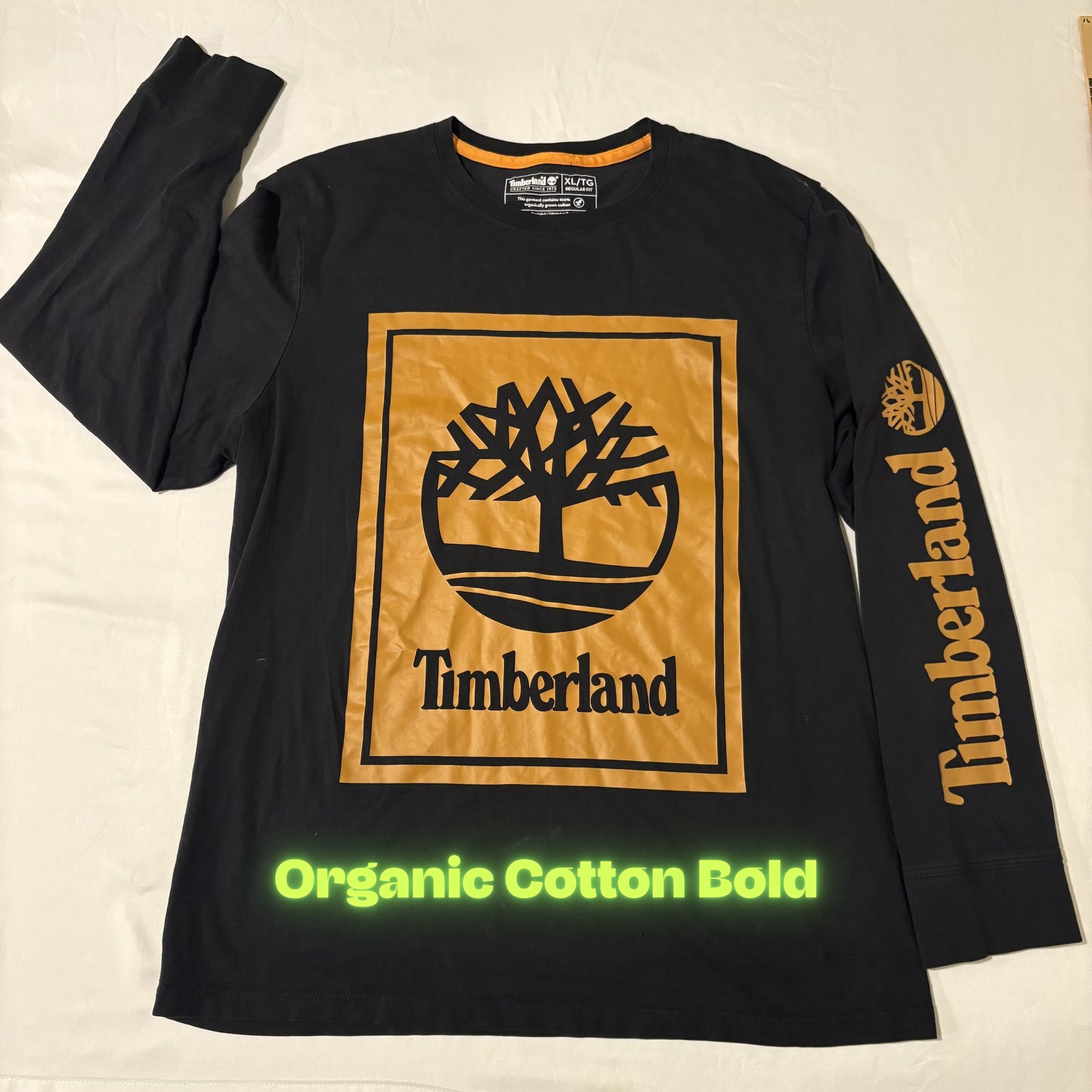Timberland Long Sleeve Shirt XL Black Orange Logo Graphic Organic Cotton Tee