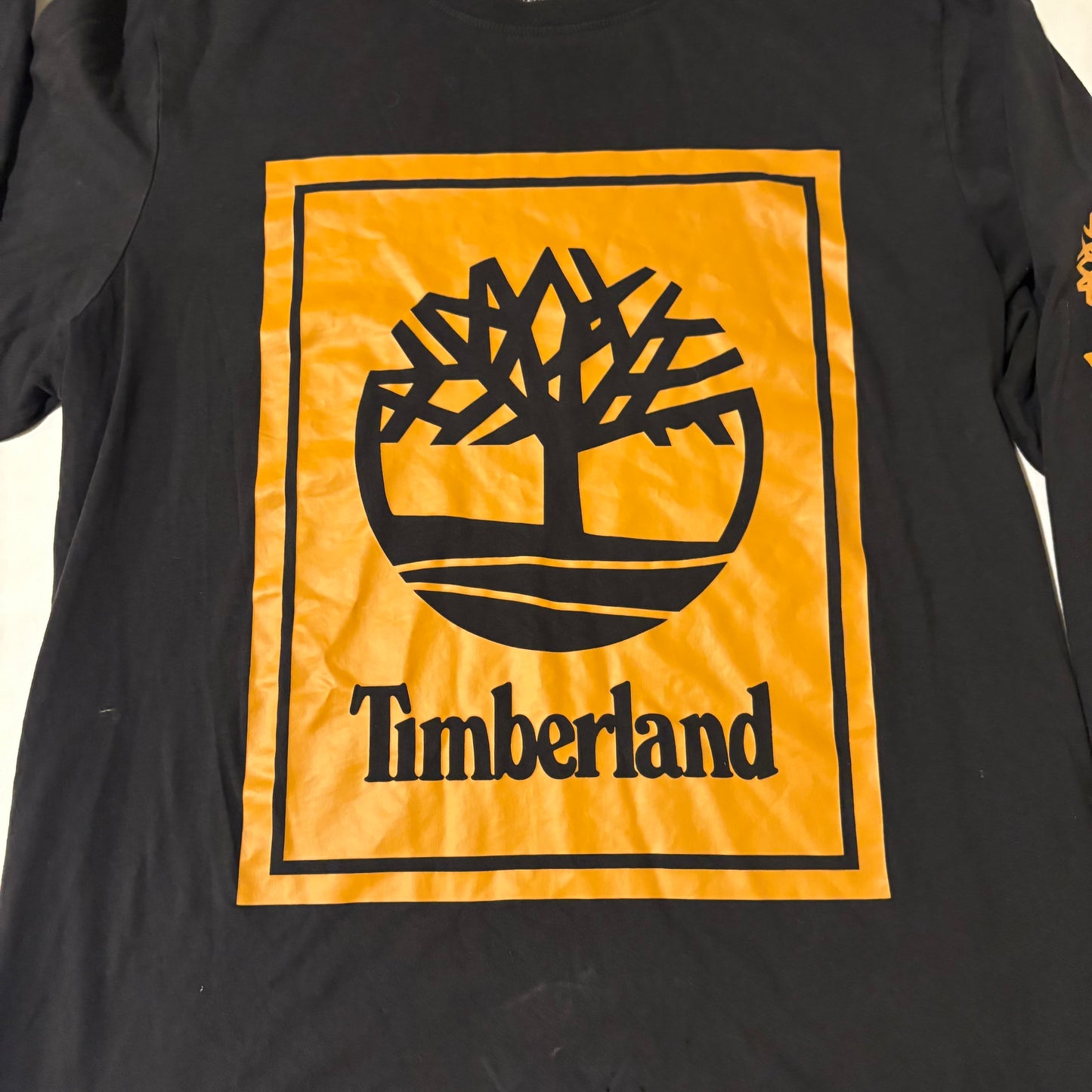 Timberland Long Sleeve Shirt XL Black Orange Logo Graphic Organic Cotton Tee