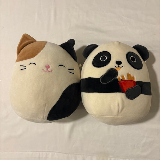 Adorable Lot of 2 Plush Toys – Calico Cat & Panda with Fries – Soft & Cuddly – 10” Tall