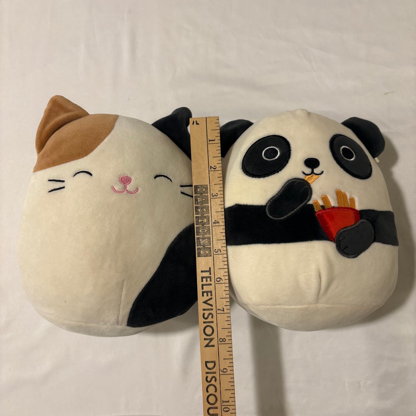 Adorable Lot of 2 Plush Toys – Calico Cat & Panda with Fries – Soft & Cuddly – 10” Tall