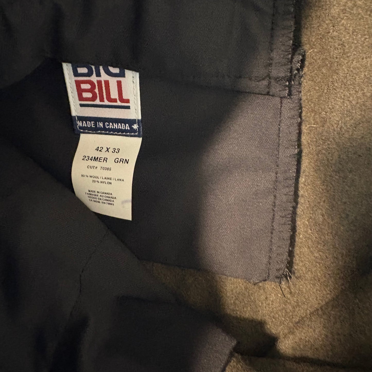 Big Bill Wool Cargo Pants 42x33 Green Workwear Made in Canada Military Style