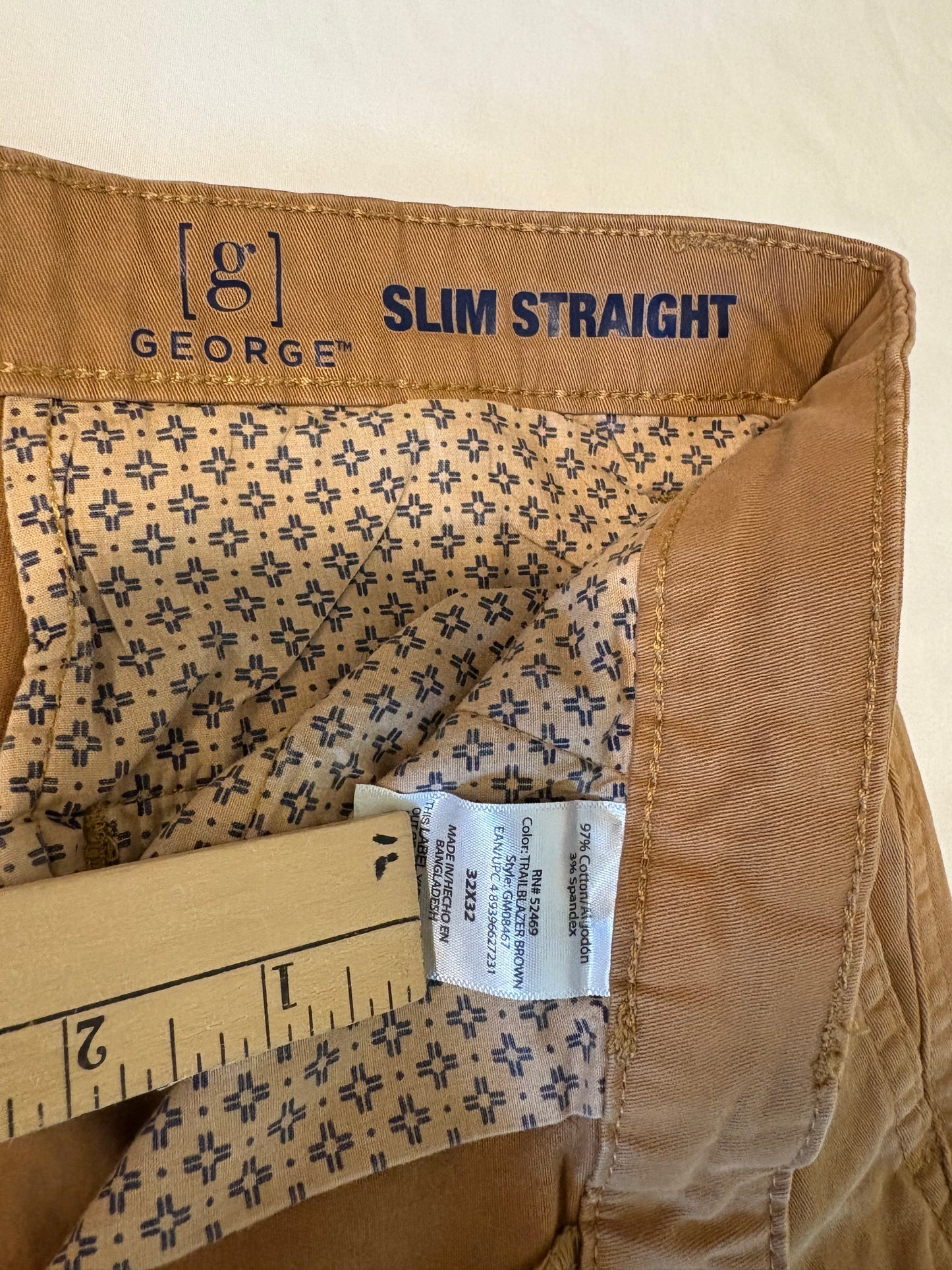 George Slim Straight Men’s Khaki Pants Brown Stretch 32x32 Casual Chinos