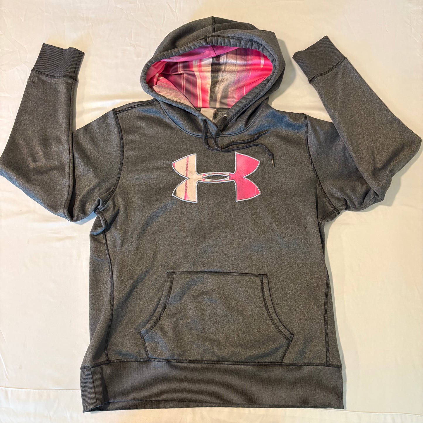Under Armour Women’s Hoodie Pink Logo Gray Fleece Lined Size M Pullover