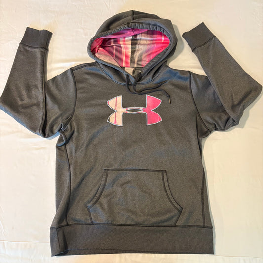Under Armour Women’s Hoodie Pink Logo Gray Fleece Lined Size M Pullover