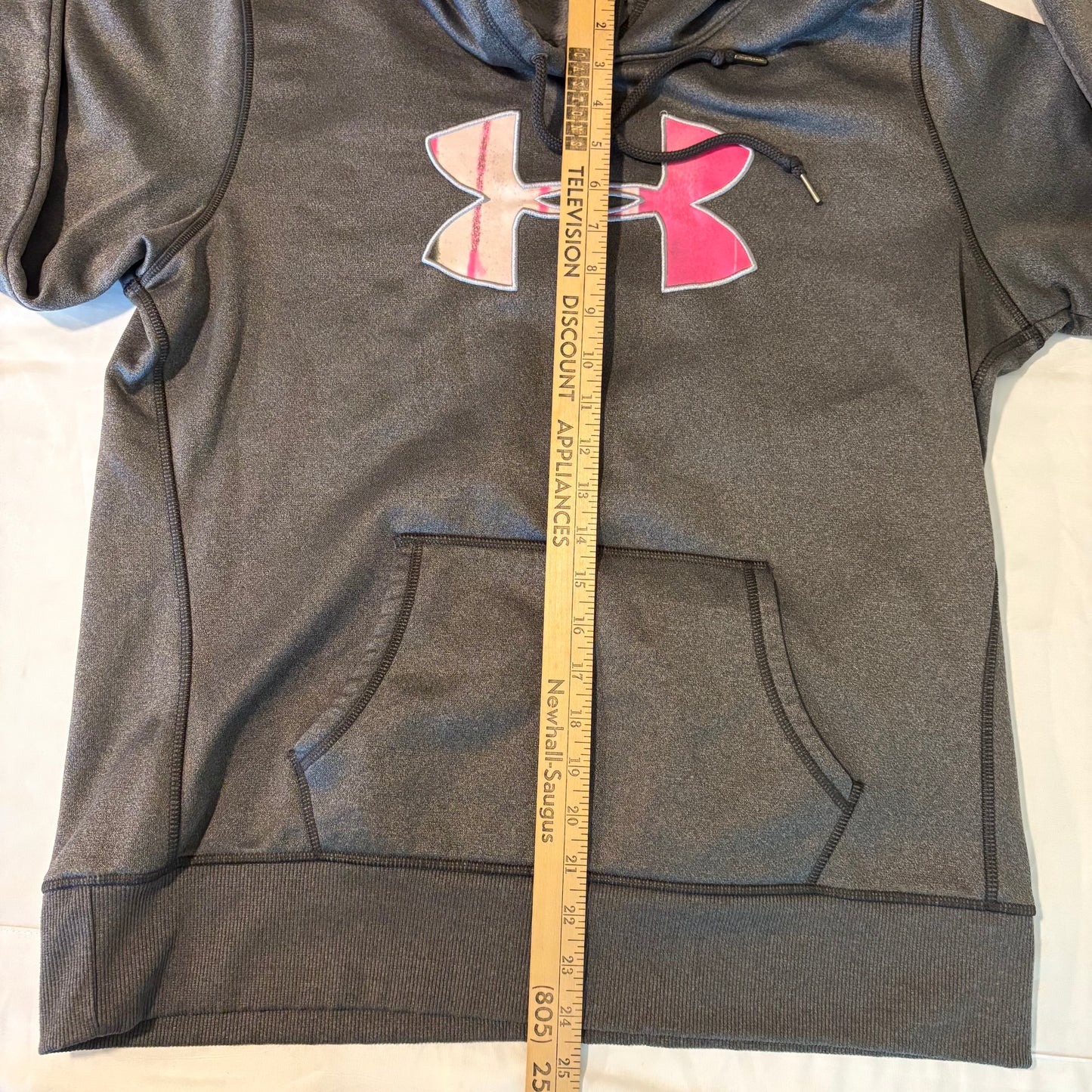 Under Armour Women’s Hoodie Pink Logo Gray Fleece Lined Size M Pullover