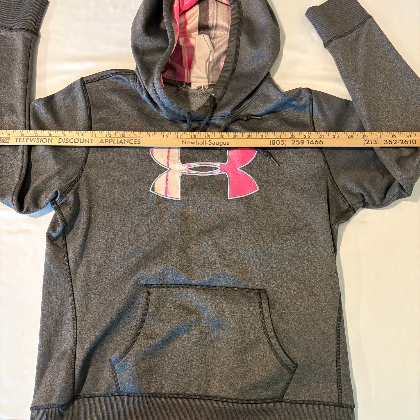 Under Armour Women’s Hoodie Pink Logo Gray Fleece Lined Size M Pullover