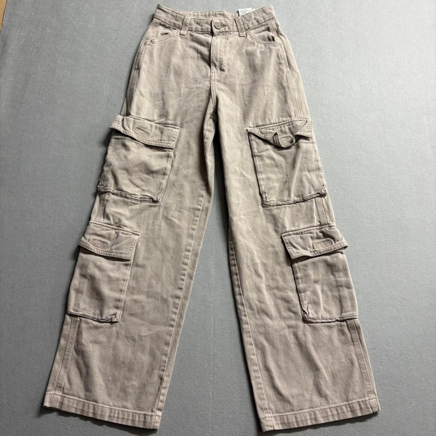 H&M Divided Cargo Pants Womens US 0 Beige Cotton Wide Leg Utility Pockets