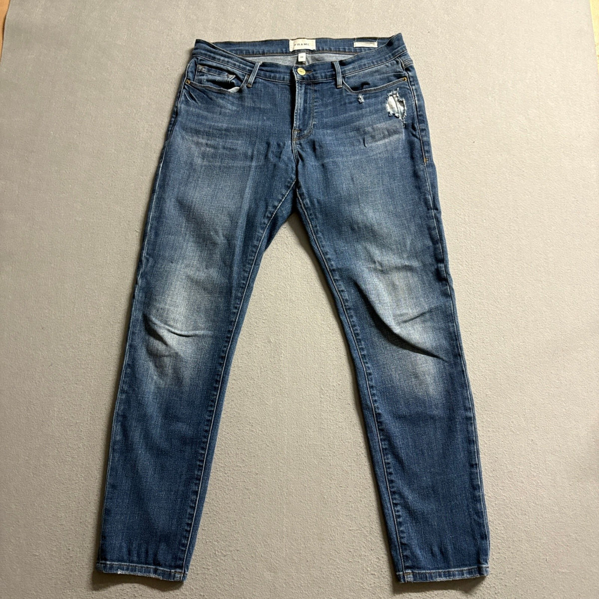 FRAME Denim Le Garcon Slim Boyfriend Jeans Womens Size 28 Azure Distressed Blue