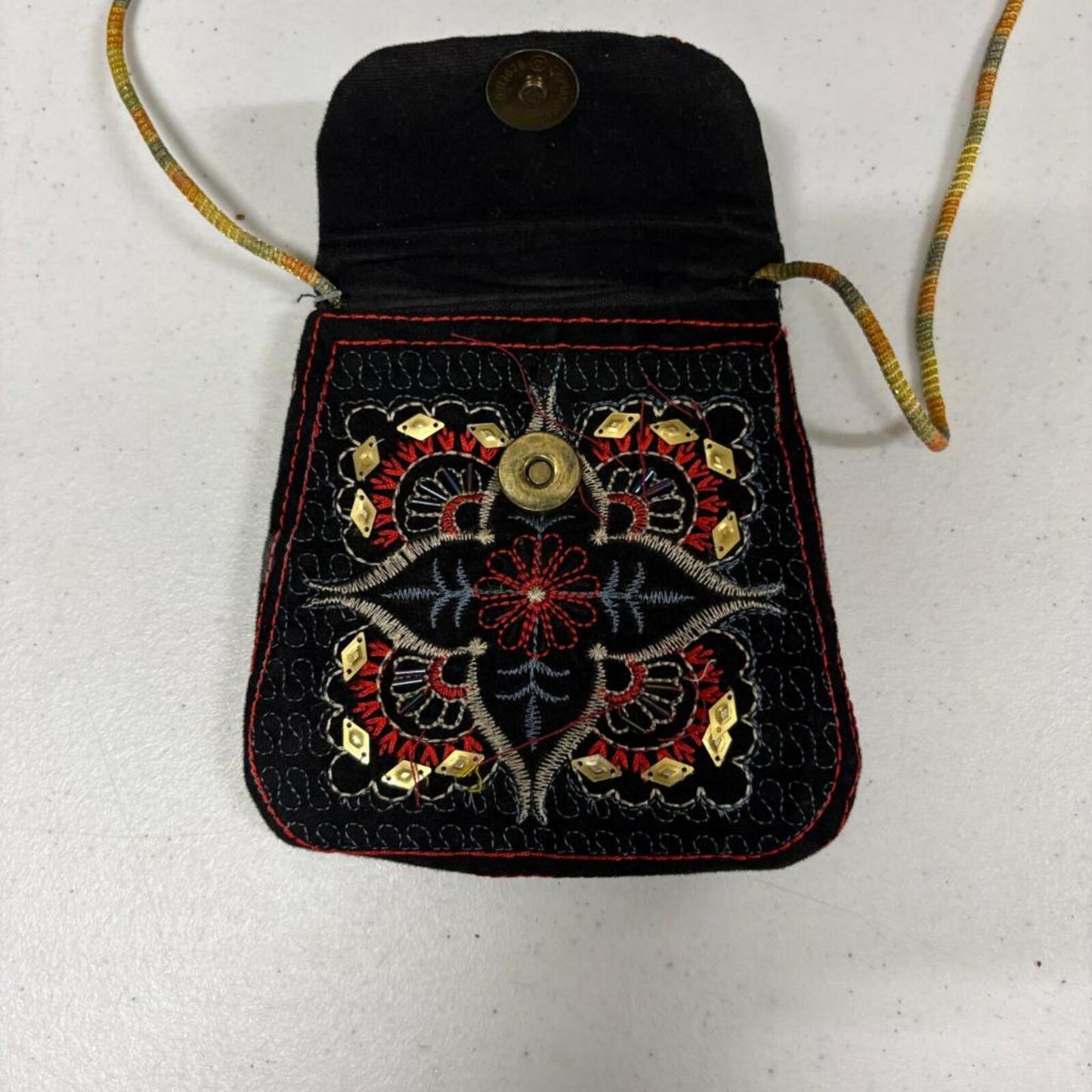 Vintage Embroidered Boho Crossbody Pouch Bag Black Velvet Beaded Sequined Small