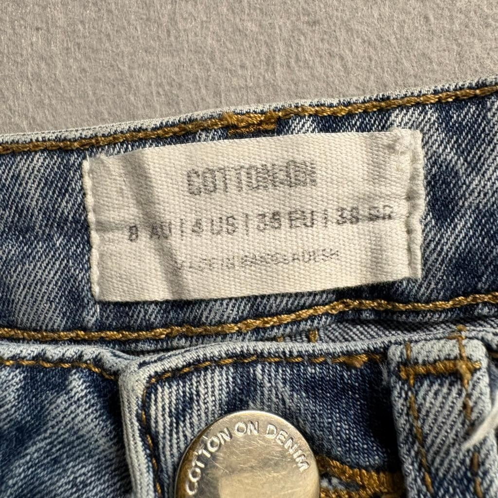 Cotton On Stretch Straight Leg Jeans Womens US 4 Blue Distressed Raw Hem Denim