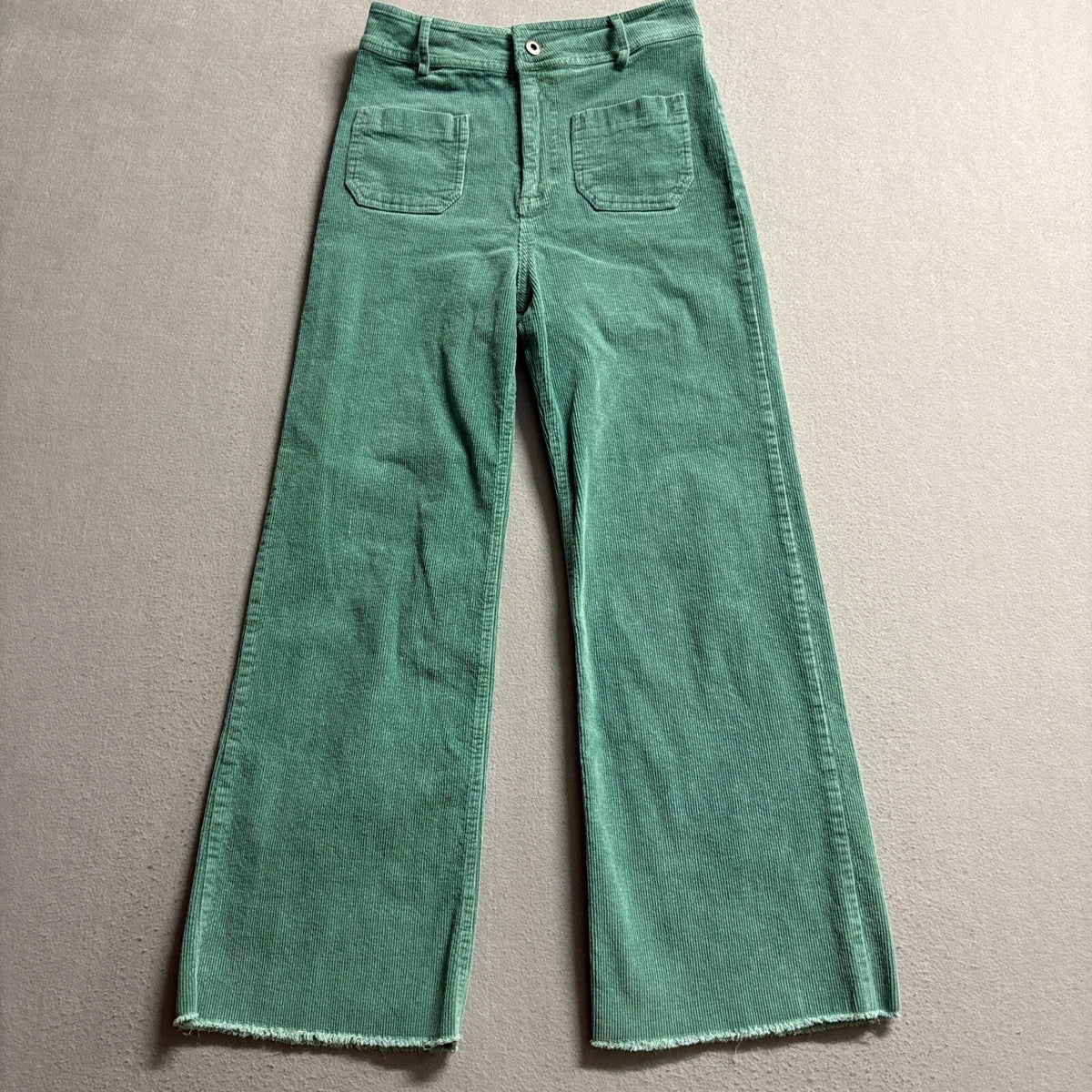 Miss Love Green Corduroy Wide Leg Pants Womens Size S Raw Hem High Rise Patch