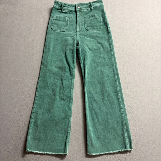 Miss Love Green Corduroy Wide Leg Pants Womens Size S Raw Hem High Rise Patch