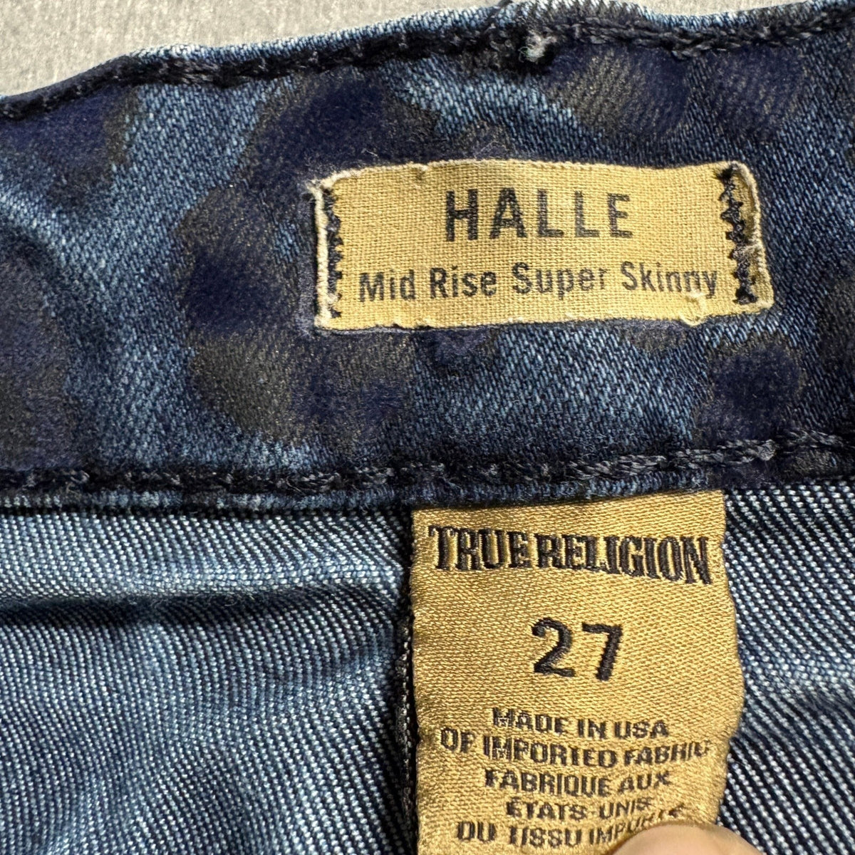 True Religion Halle Super Skinny Jeans Womens 27 Blue Leopard Print Mid Rise USA