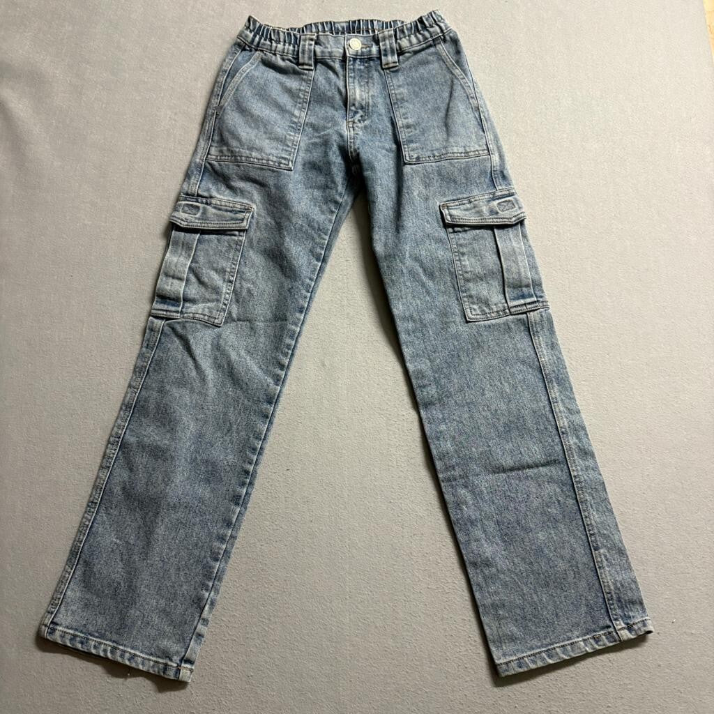 Excuse Girls Blue Cargo Jeans Size S Elastic Waist Straight Leg Denim Utility