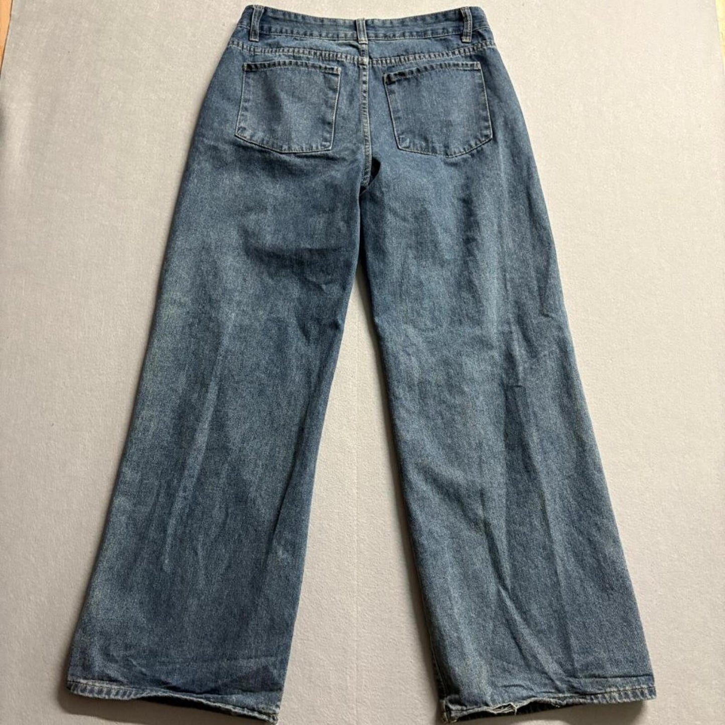 Fashion Jeans Womens Medium Wide Leg Denim Blue High Rise Cotton Blend