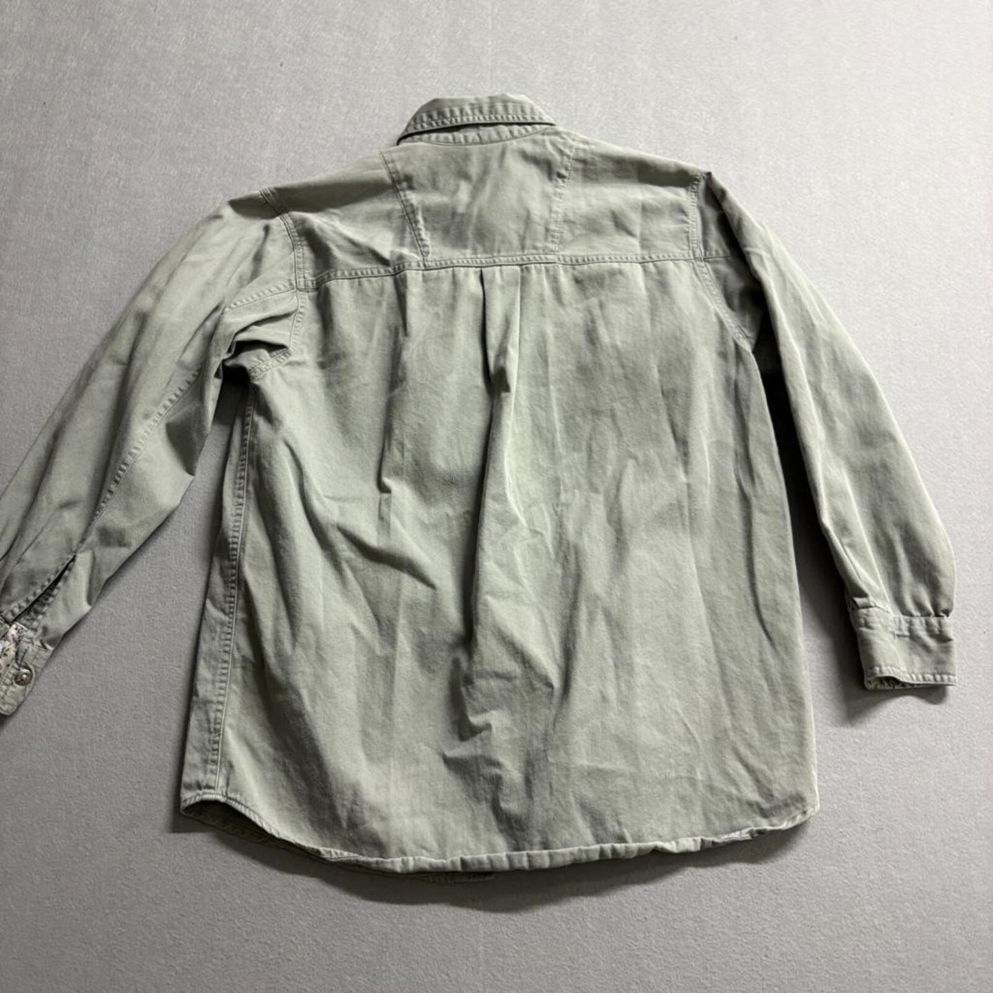 High Sierra Womens Medium Green Twill Button Up Shirt Floral Trim Long Sleeve