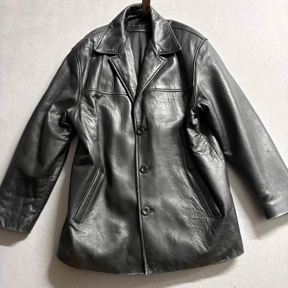 Baracuta Mens L Black Leather Jacket Coat Button Front Insulated Mid Length
