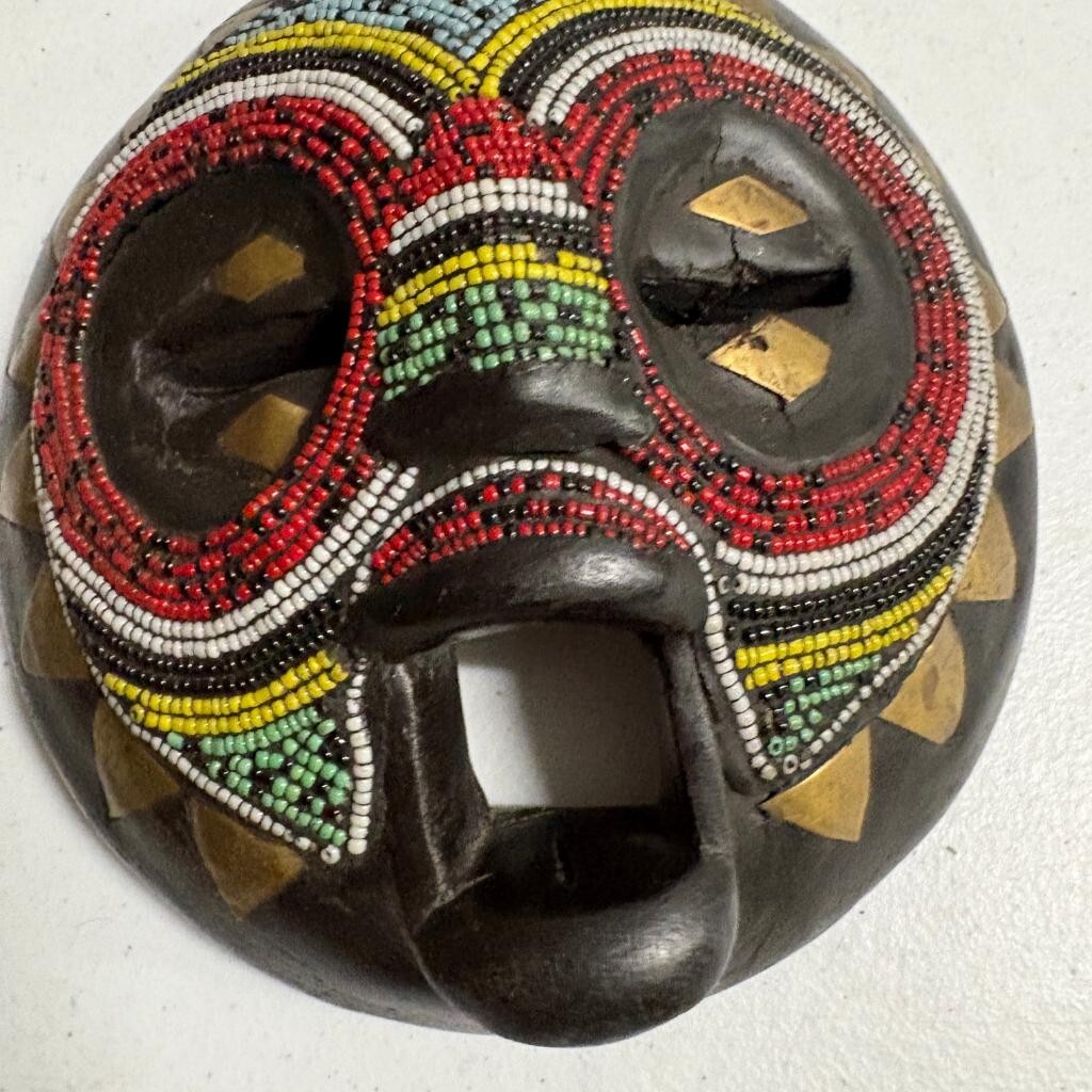 African Beaded Wood Mask Hand Carved Round Tribal Wall Hanging Brass Accents 7in