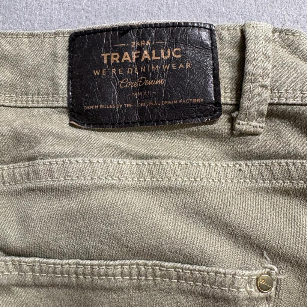 Zara Trafaluc Slim Jeans Womens 2 Green Olive Raw Hem Stretch Denim Pants