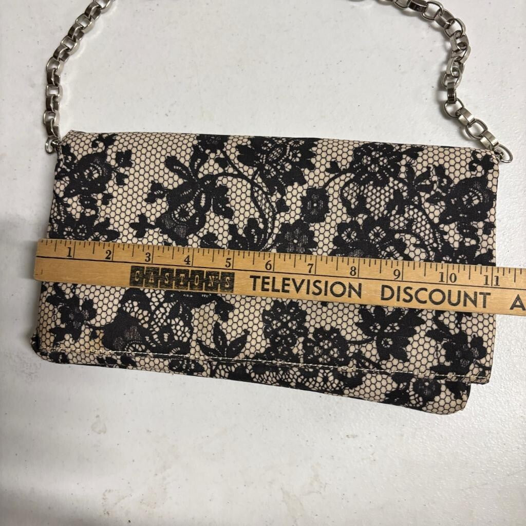 Unbranded Black Lace Print Evening Clutch Bag Silver Chain Strap Kiss Lock