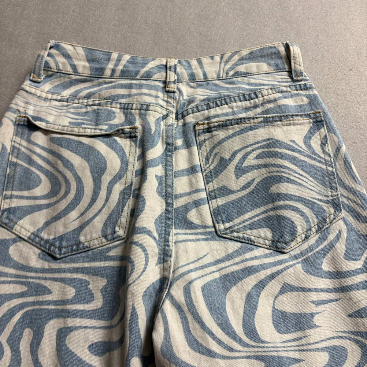 Shein Swirl Print Jeans Womens XS Blue White High Rise Straight Leg Denim Pants